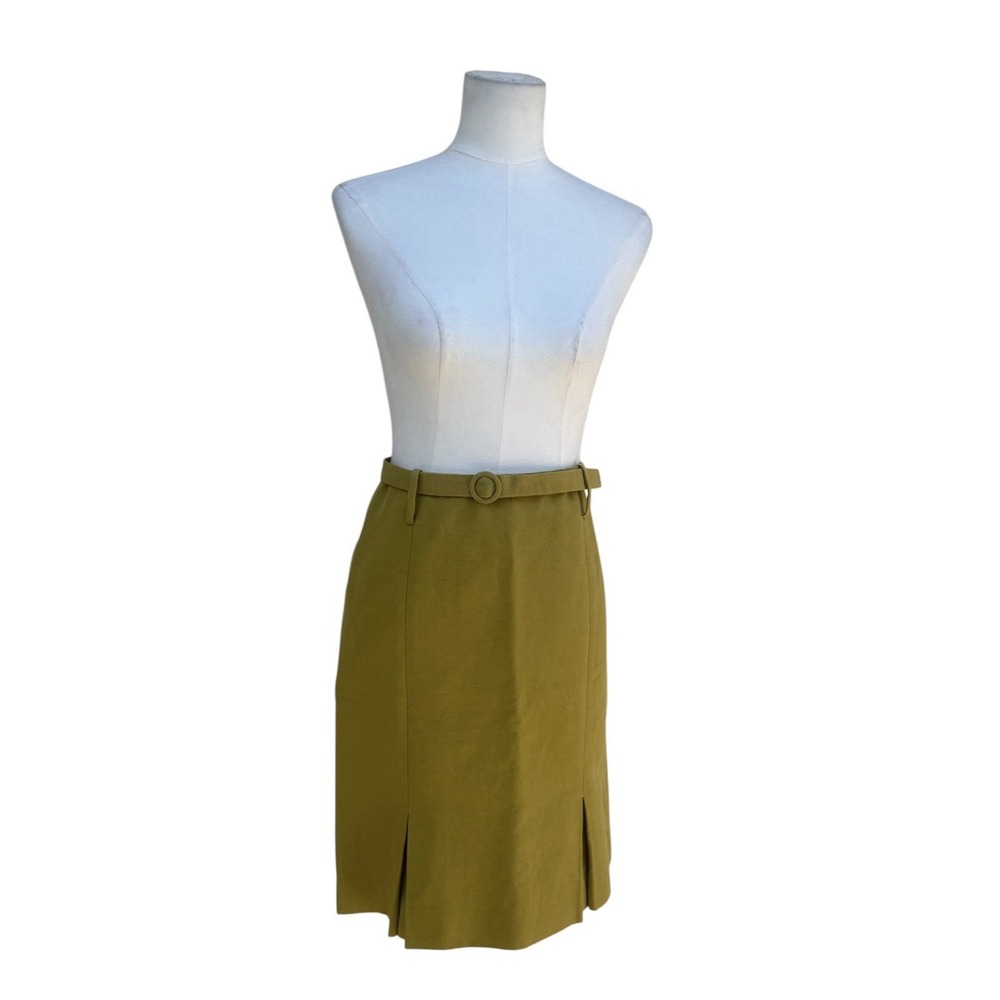 Etcetera Mustard Yellow Linen Blend Pencil Skirt Belted Slit Hem Womens Size 2